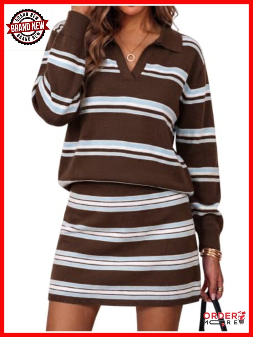 Wenrine Womens Striped 2 Piece Outfits V Neck Top Mini Skirt Sweater Set